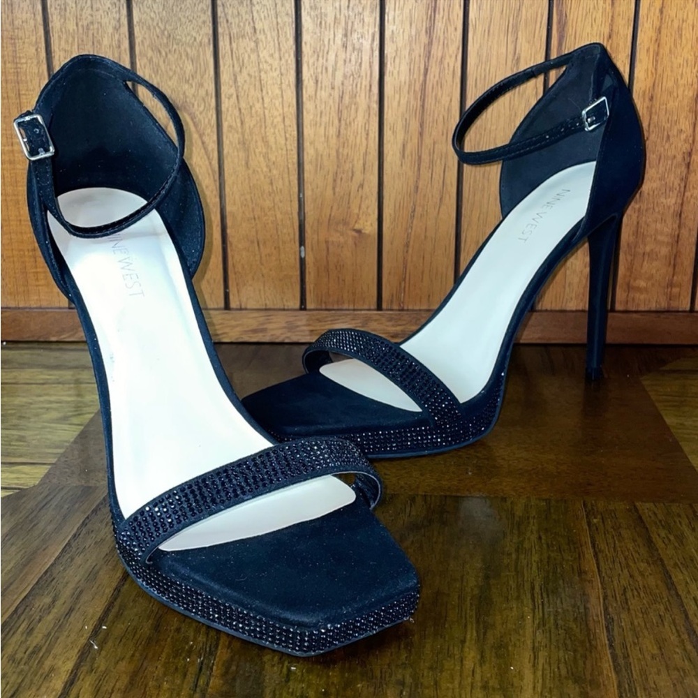 New Nine West high heels sparkle black mini gem one strap toe shape size 9.5 - Picture 2 of 9